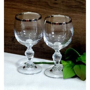 2 Bold Silver Trim Crystal Cordial Liquor Glasses 4.7" ribbed ball sculpted stem
